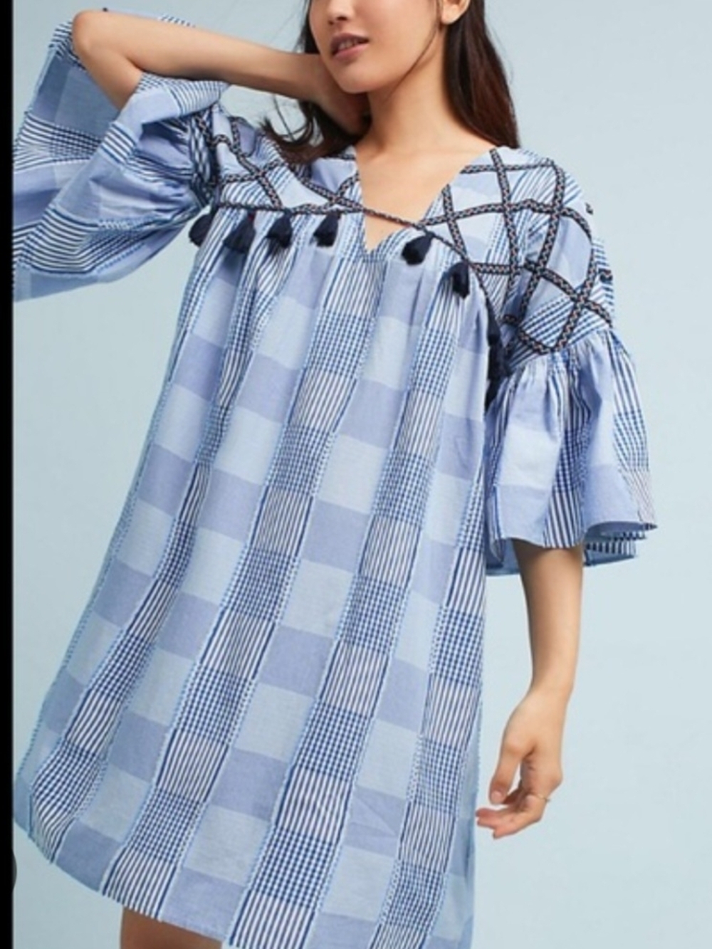 Anthropology Light Blue Checkered V-Neck Dress with Tassel Detail
